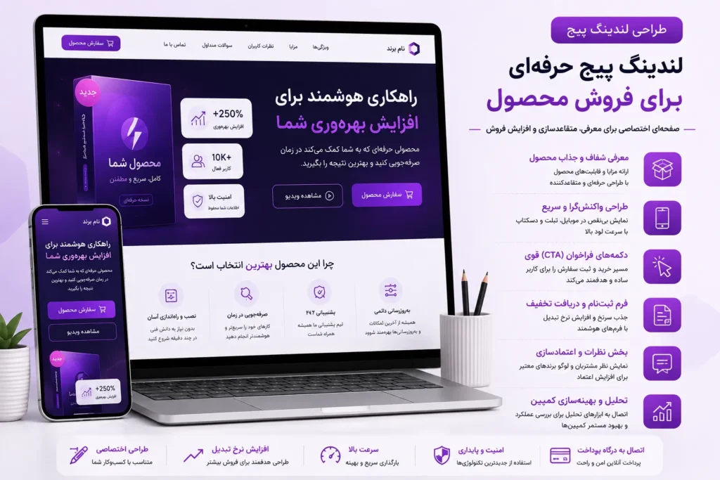 طراحی لندینگ پیج کمپین تبلیغاتی با وردپرس، نمایش موکاپ دسکتاپ و موبایل، فرم جذب لید، CTA متمرکز، نمودار رشد، هدف‌گیری کمپین و تحلیل نرخ تبدیل در تم بنفش و صورتی.