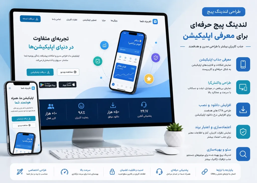 طراحی لندینگ پیج معرفی اپلیکیشن با وردپرس، نمایش موکاپ موبایل و رابط کاربری اپ، معرفی قابلیت‌ها و مزایا، لینک دانلود، نظرات کاربران، آمار عملکرد و طراحی واکنش‌گرا در تم آبی، فیروزه‌ای و سرمه‌ای.