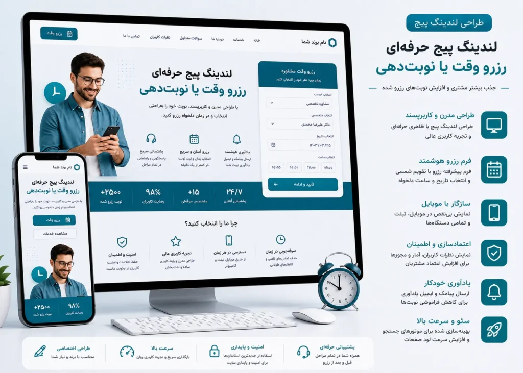 طراحی لندینگ پیج رزرو وقت یا نوبت‌دهی با وردپرس، نمایش موکاپ دسکتاپ و موبایل، معرفی خدمت، انتخاب زمان آزاد و کارشناس، فرم ثبت اطلاعات مراجعه‌کننده، تأیید نوبت و طراحی واکنش‌گرا در تم فیروزه‌ای، بنفش و سرمه‌ای.