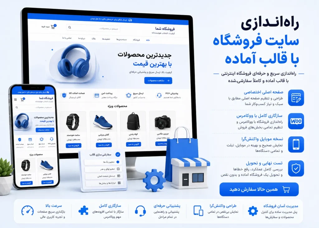 راه‌اندازی سایت فروشگاهی با قالب آماده؛ بنر تبلیغاتی حرفه‌ای با نمایش فروشگاه اینترنتی روی مانیتور و موبایل در سمت چپ، تیتر و توضیحات در سمت راست، المان‌های فروشگاهی و پیکربندی قالب، با رنگ‌بندی اصلی آبی و سفید همراه با جزئیات نارنجی.
