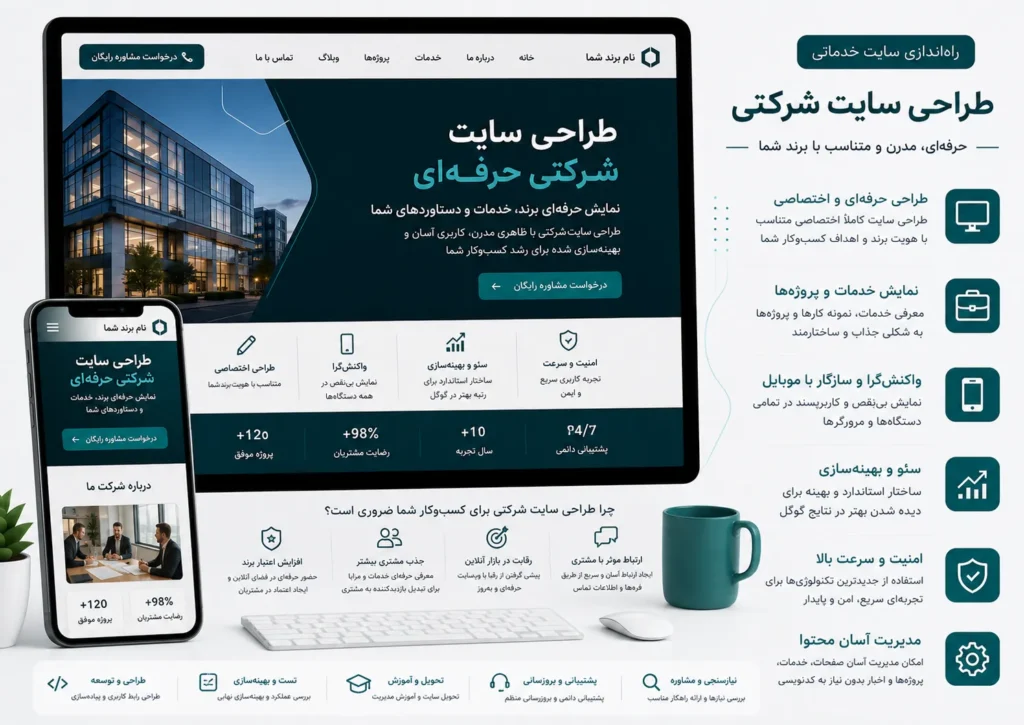 طراحی سایت شرکتی با وردپرس، نمایش موکاپ حرفه‌ای دسکتاپ و موبایل برای معرفی برند، خدمات و توانمندی‌های شرکت، مسیر تماس و جذب مشتری، طراحی واکنش‌گرا، بهینه‌سازی سرعت و سئو و ساختار قابل توسعه در تم آبی و فیروزه‌ای.