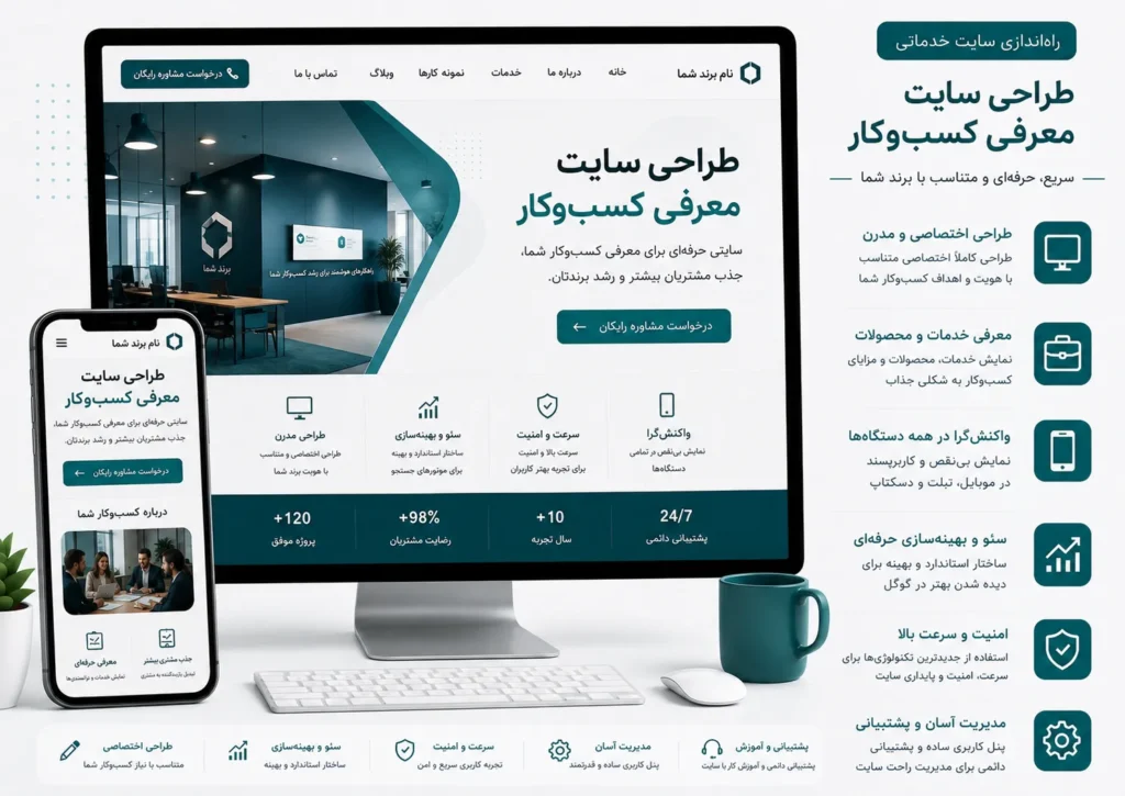 طراحی سایت معرفی کسب‌وکار با وردپرس، نمایش موکاپ حرفه‌ای دسکتاپ و موبایل برای معرفی برند، خدمات، اطلاعات تماس، موقعیت و ساعات کاری، همراه با مسیر جذب مشتری، طراحی واکنش‌گرا و ساختار قابل توسعه در تم صورتی، رز و زرشکی تیره.